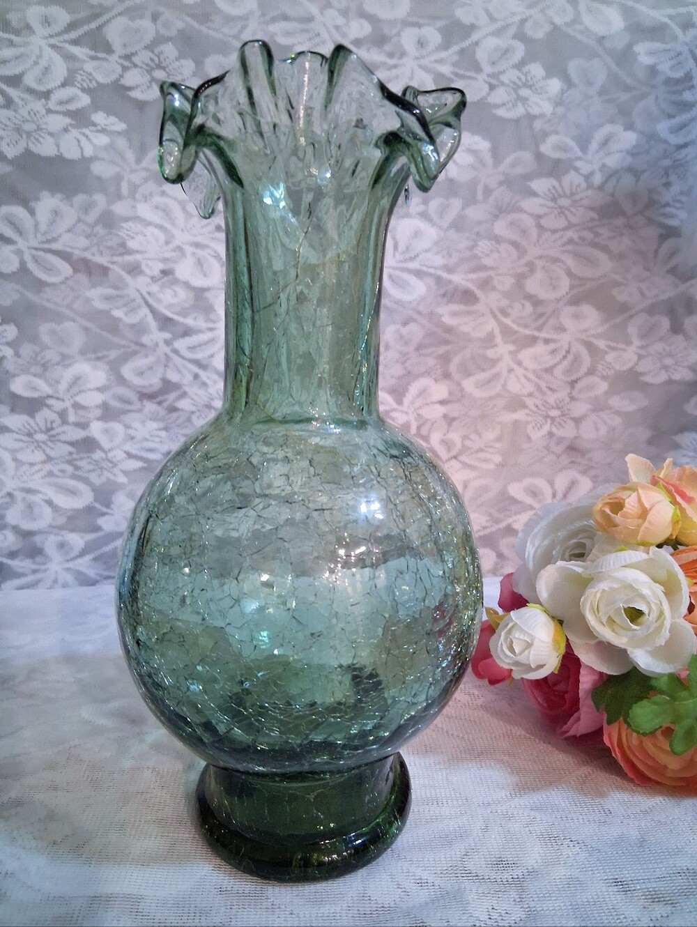 Vintage Sea Green Crackle Glass Vase 9.5"Art Glass Ribbon Ruffle Top